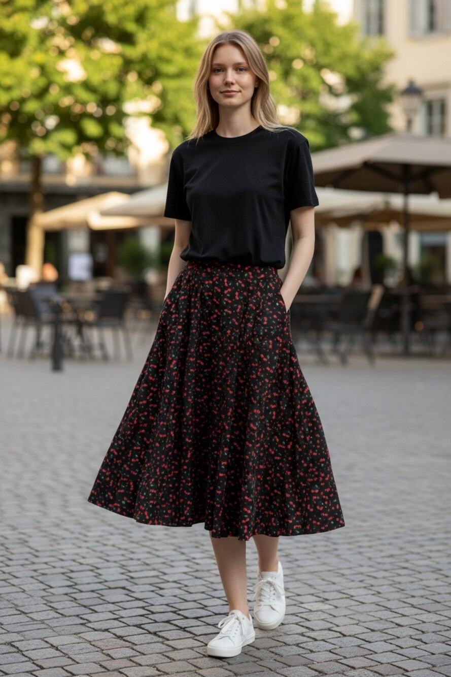 Tulip B Cherry Print Midi Skirt Small Black Red A-Line NWT Lined Retro